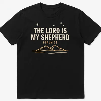 Minimalist mountain landscape with text 'The Lord Is My Shepherd Psalm 23'