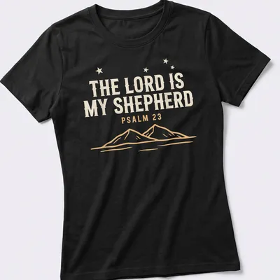 Minimalist mountain landscape with text 'The Lord Is My Shepherd Psalm 23' — printed on a women's shirt