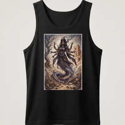 Illustration of a multi-armed sand djinn amidst Arabian ruins in fantasy art style — printed on a tank top