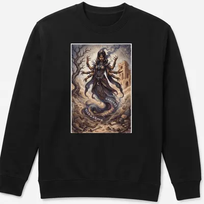 Illustration of a multi-armed sand djinn amidst Arabian ruins in fantasy art style — printed on a unisex sweatshirt