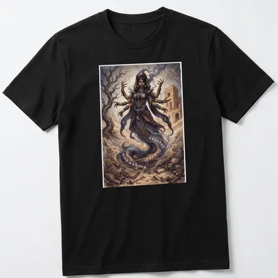 Illustration of a multi-armed sand djinn amidst Arabian ruins in fantasy art style