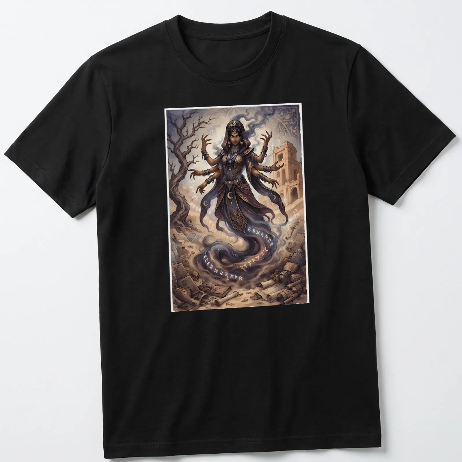Illustration of a multi-armed sand djinn amidst Arabian ruins in fantasy art style — printed on a unisex t-shirt