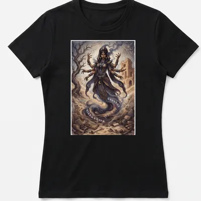 Illustration of a multi-armed sand djinn amidst Arabian ruins in fantasy art style — printed on a women's shirt