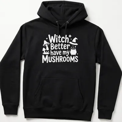 Whimsical illustration of a mushroom witch with playful text about mushrooms — printed on a unisex hoodie