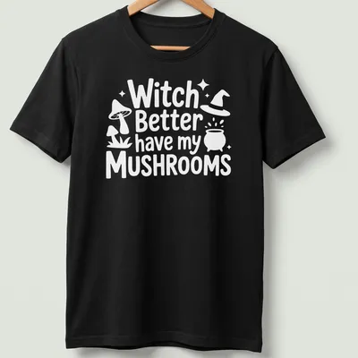 Whimsical illustration of a mushroom witch with playful text about mushrooms