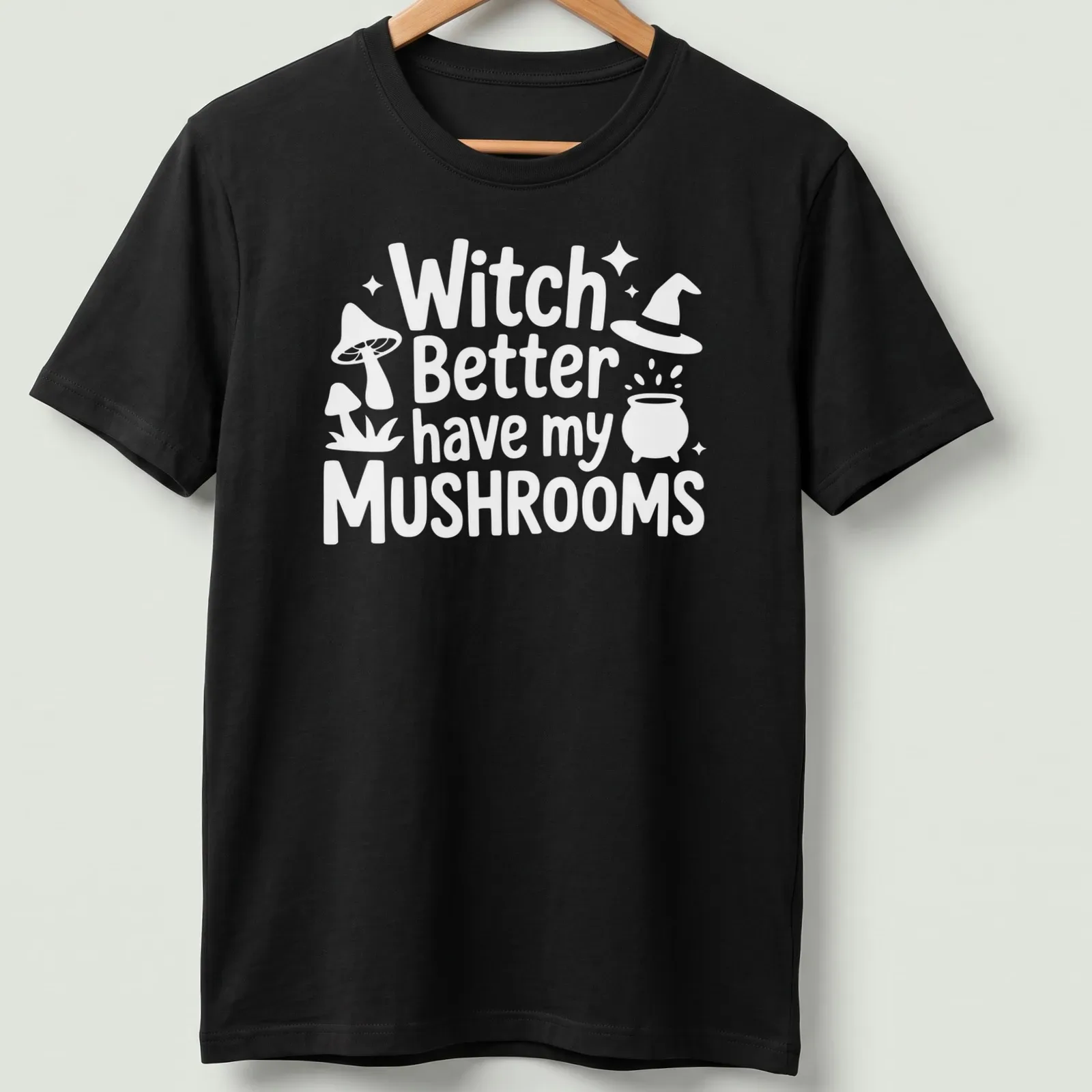 Whimsical illustration of a mushroom witch with playful text about mushrooms — printed on a unisex t-shirt