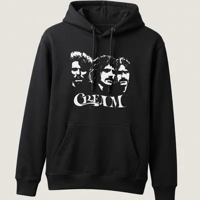 Black and white silhouettes of musicians with flowing typography on a t-shirt. — printed on a unisex hoodie