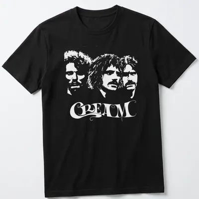 Black and white silhouettes of musicians with flowing typography on a t-shirt.