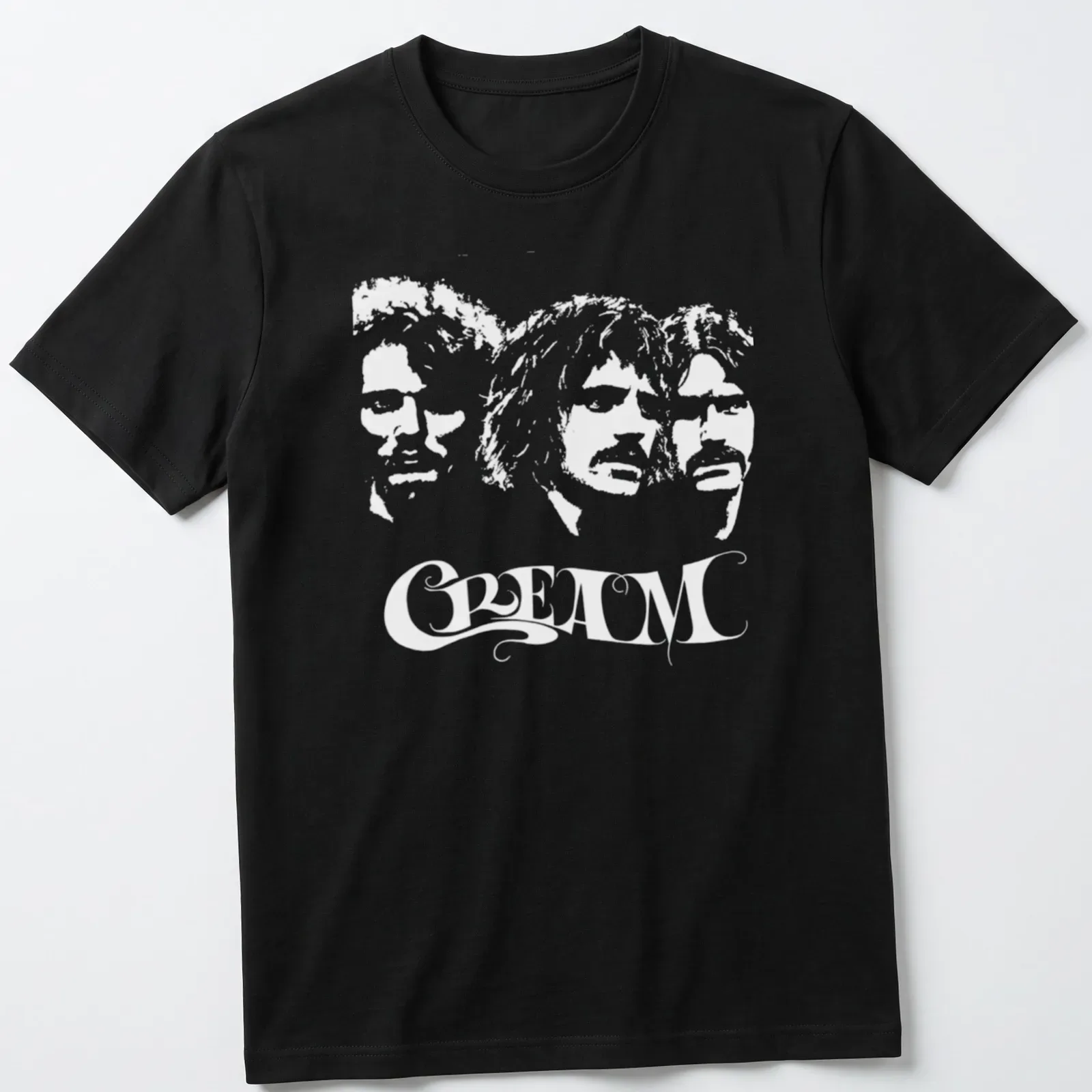 Black and white silhouettes of musicians with flowing typography on a t-shirt. — printed on a unisex t-shirt