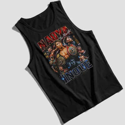 Vintage distressed T-shirt featuring Naoya Inoue's name and title in bold colors. — printed on a tank top