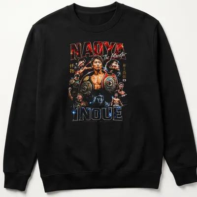 Vintage distressed T-shirt featuring Naoya Inoue's name and title in bold colors. — printed on a unisex sweatshirt