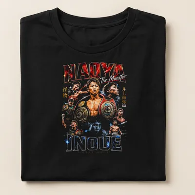Vintage distressed T-shirt featuring Naoya Inoue's name and title in bold colors. — printed on a women's shirt