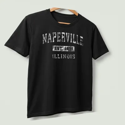 Vintage style Naperville T-shirt with established date in white. — printed on a unisex t-shirt (angled view)