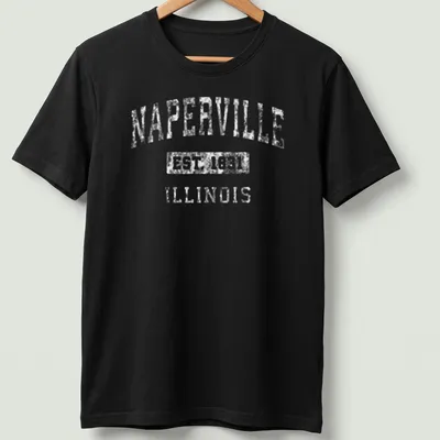Vintage style Naperville T-shirt with established date in white.