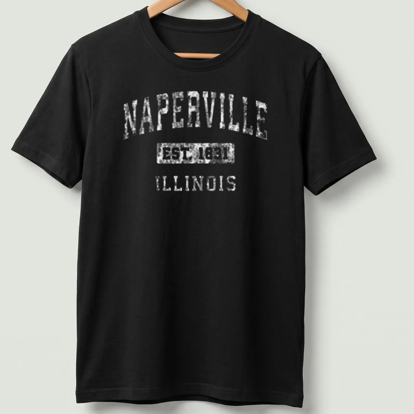 Vintage style Naperville T-shirt with established date in white. — printed on a unisex t-shirt