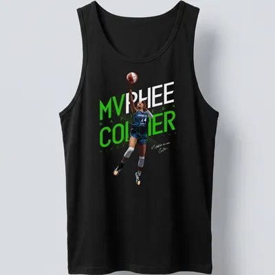 Dynamic illustration of a basketball player with MVP text in green, blue, black, and white — printed on a tank top