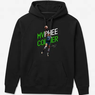 Dynamic illustration of a basketball player with MVP text in green, blue, black, and white — printed on a unisex hoodie
