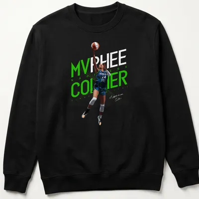 Dynamic illustration of a basketball player with MVP text in green, blue, black, and white — printed on a unisex sweatshirt