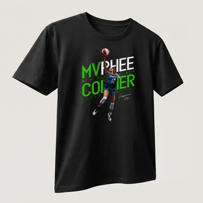 Dynamic illustration of a basketball player with MVP text in green, blue, black, and white — printed on a unisex t-shirt (angled view)