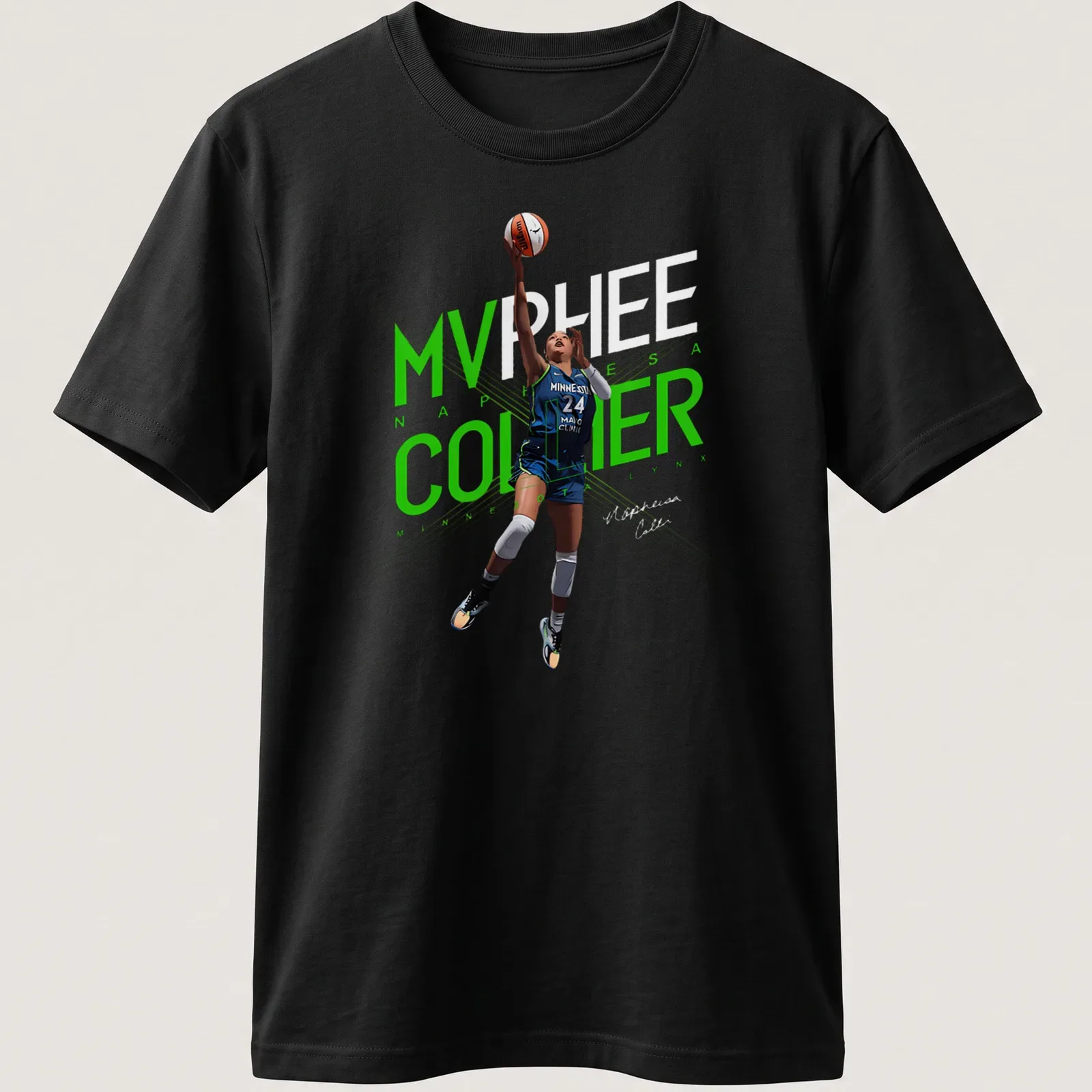 Dynamic illustration of a basketball player with MVP text in green, blue, black, and white — printed on a unisex t-shirt