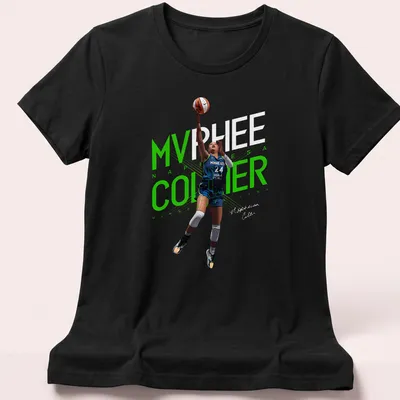Dynamic illustration of a basketball player with MVP text in green, blue, black, and white — printed on a women's shirt