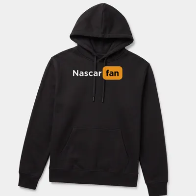 Bold text Nascar fan t-shirt in black, orange, and white — printed on a unisex hoodie