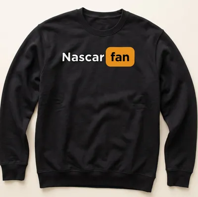 Bold text Nascar fan t-shirt in black, orange, and white — printed on a unisex sweatshirt