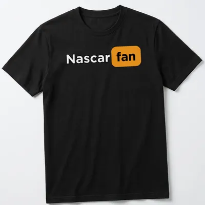 Bold text Nascar fan t-shirt in black, orange, and white