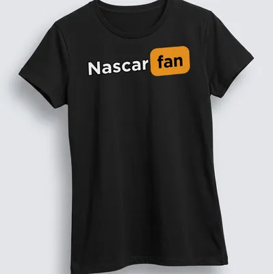 Bold text Nascar fan t-shirt in black, orange, and white — printed on a women's shirt