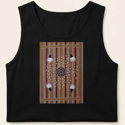 Traditional Aboriginal art featuring bush plum dreaming with intricate patterns — printed on a tank top