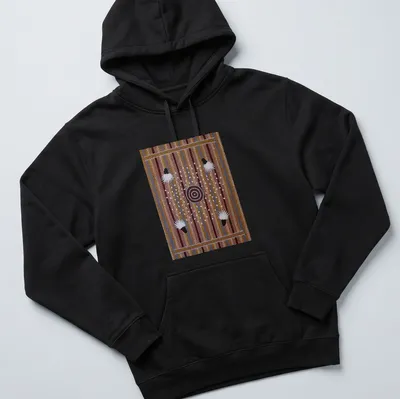 Traditional Aboriginal art featuring bush plum dreaming with intricate patterns — printed on a unisex hoodie