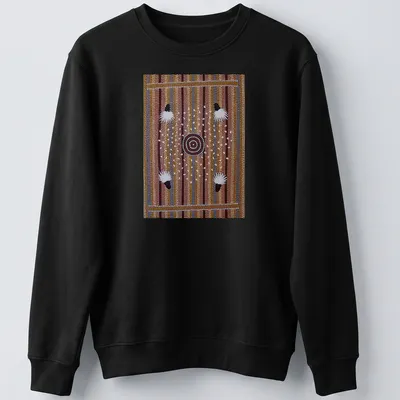 Traditional Aboriginal art featuring bush plum dreaming with intricate patterns — printed on a unisex sweatshirt