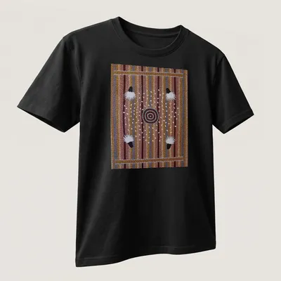 Traditional Aboriginal art featuring bush plum dreaming with intricate patterns — printed on a unisex t-shirt (angled view)