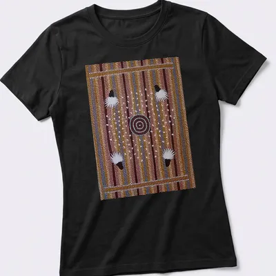 Traditional Aboriginal art featuring bush plum dreaming with intricate patterns — printed on a women's shirt