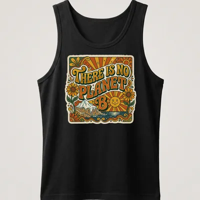 Retro typography on a mountain landscape t-shirt featuring the text 'There Is No Planet B'. — printed on a tank top