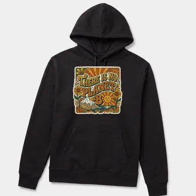 Retro typography on a mountain landscape t-shirt featuring the text 'There Is No Planet B'. — printed on a unisex hoodie