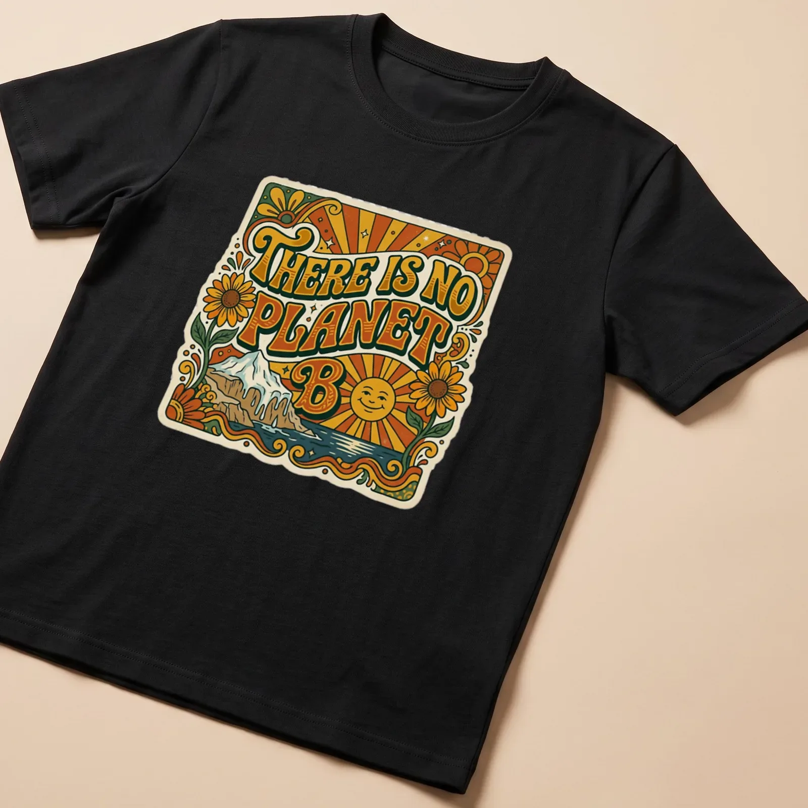 Retro typography on a mountain landscape t-shirt featuring the text 'There Is No Planet B'. — printed on a unisex t-shirt