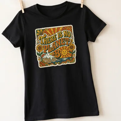Retro typography on a mountain landscape t-shirt featuring the text 'There Is No Planet B'. — printed on a women's shirt