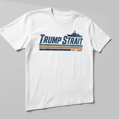 Retro distressed print featuring a navy ship and the text Trump Strait EST. 2026 — printed on a unisex t-shirt (angled view)