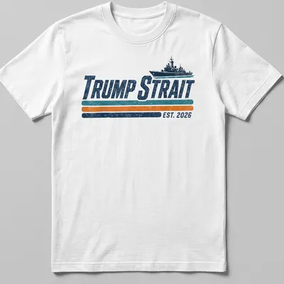 Retro distressed print featuring a navy ship and the text Trump Strait EST. 2026