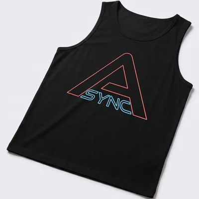 Bold neon Async logo t-shirt in red and blue colors — printed on a tank top