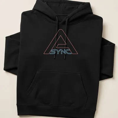 Bold neon Async logo t-shirt in red and blue colors — printed on a unisex hoodie