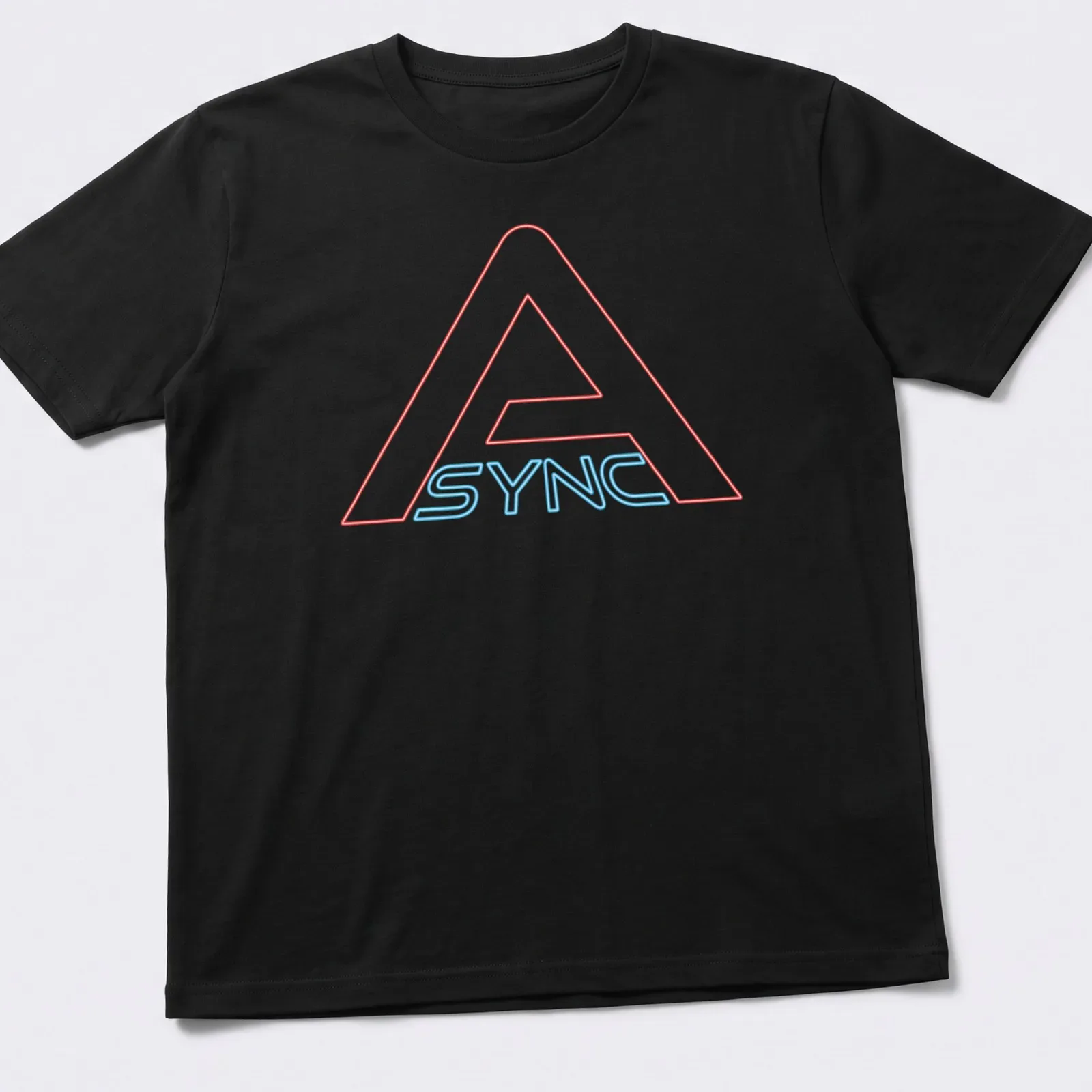 Bold neon Async logo t-shirt in red and blue colors — printed on a unisex t-shirt