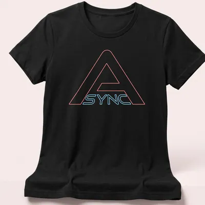 Bold neon Async logo t-shirt in red and blue colors — printed on a women's shirt
