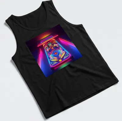 3D render of a neon pinball machine in vibrant colors — printed on a tank top