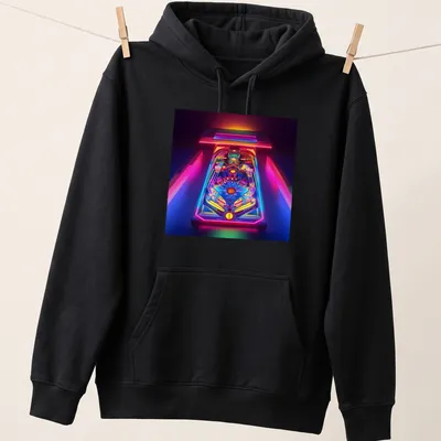 3D render of a neon pinball machine in vibrant colors — printed on a unisex hoodie