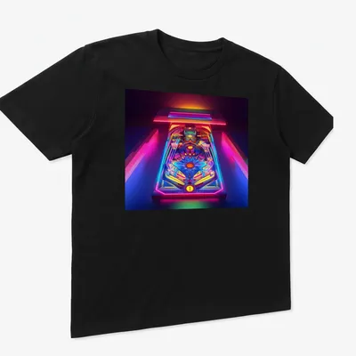 3D render of a neon pinball machine in vibrant colors — printed on a unisex t-shirt (angled view)