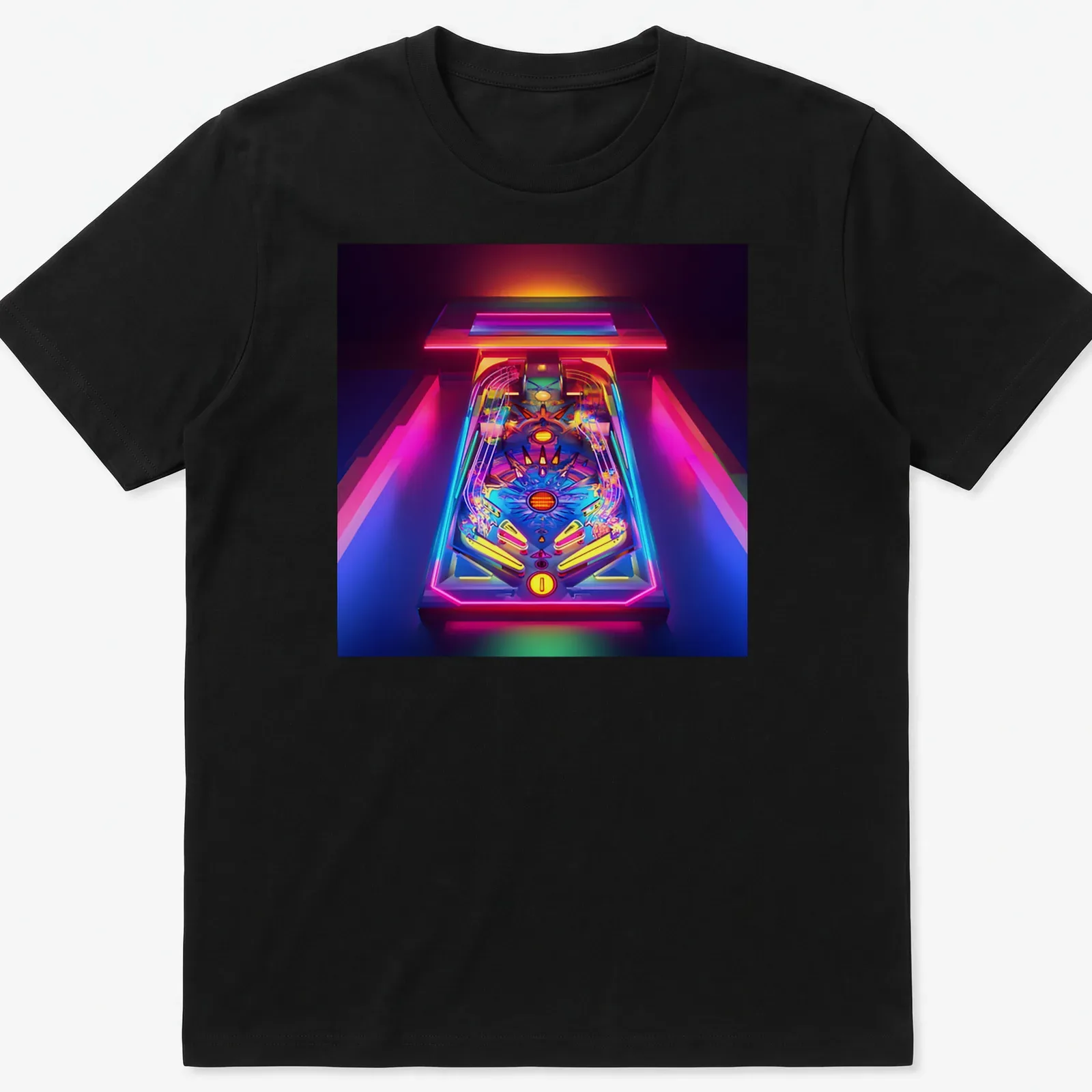 3D render of a neon pinball machine in vibrant colors — printed on a unisex t-shirt
