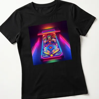 3D render of a neon pinball machine in vibrant colors — printed on a women's shirt