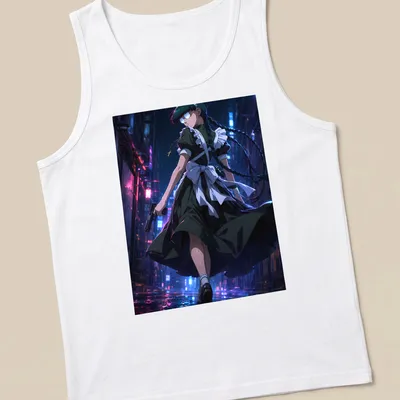 Anime style female character with a gun in neon colors — printed on a tank top
